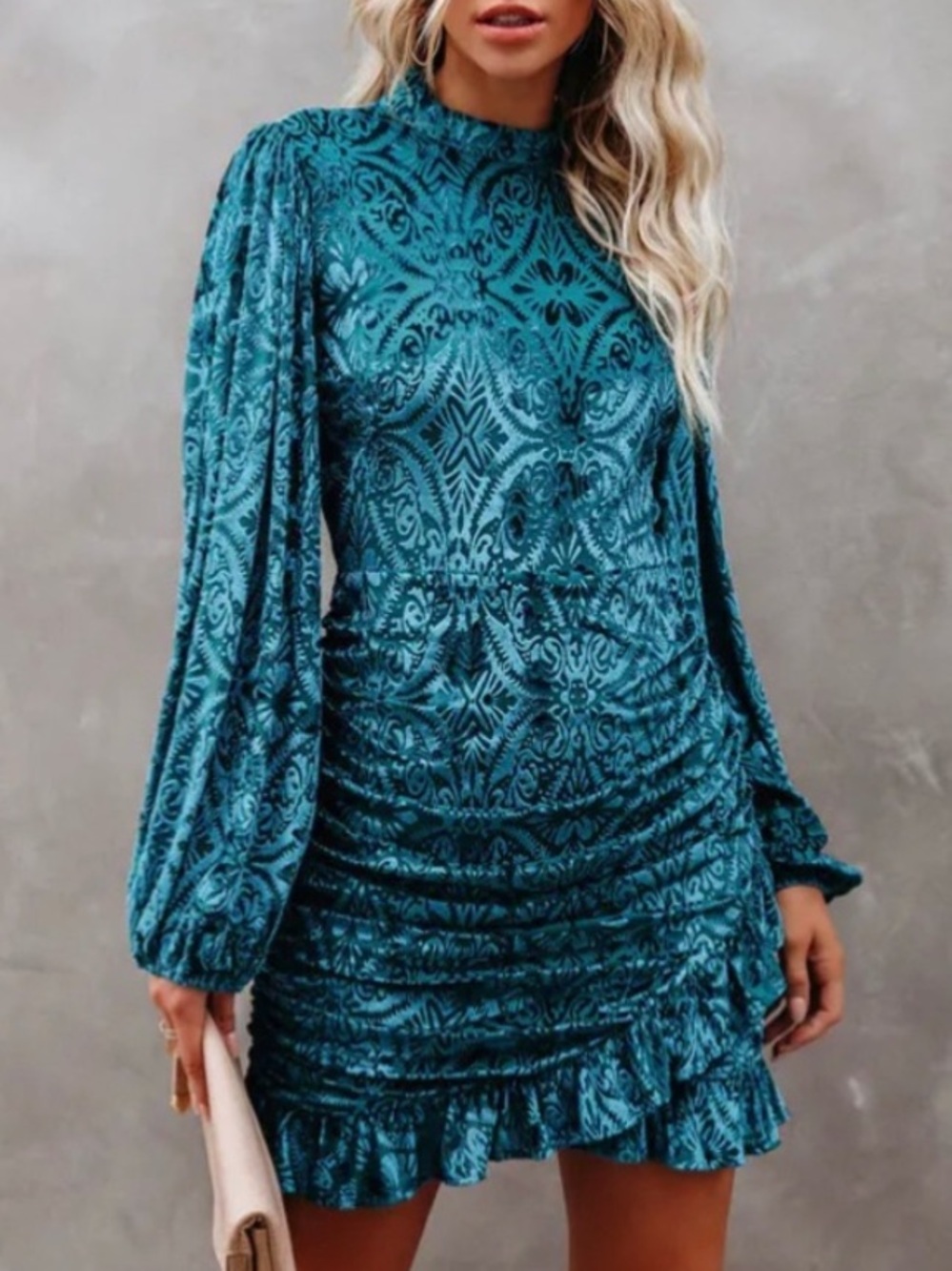 VICI Women S Teal Long Sleeve Salem Ruched Velvet Mini Dress